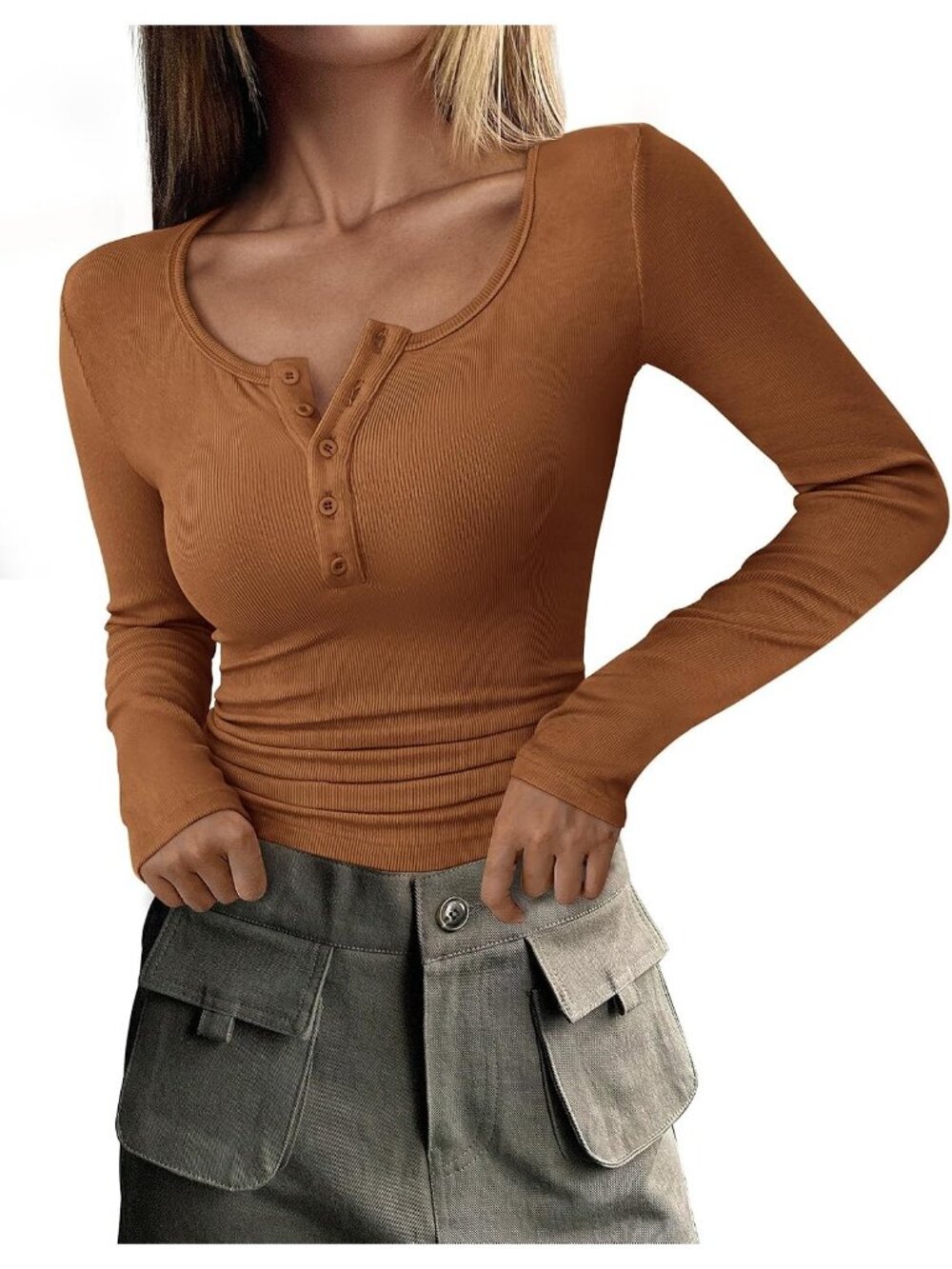 Women's Khaki Crewneck Long Sleeve Henley T-Shirts Soft Ribbed Knit Button Top
